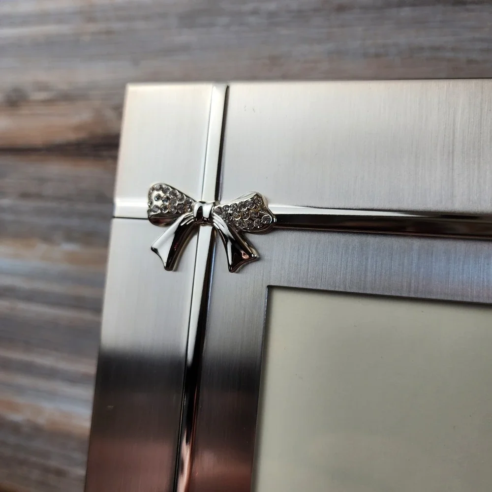 Papyrus Brushed Silver 5x7 Picture Frame Crystal Bow Embellished NWT Box